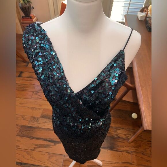 Badgley Mischka Sequin Cocktail Dress Sz 6 Teal Blue V-Neck Sleeveless Party - Picture 10 of 13